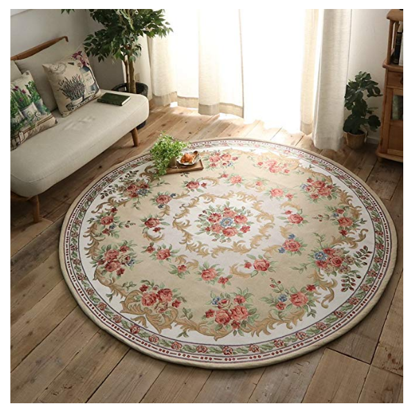 [해외]  러그 매트 그램스타일 카펫 고블랭 꽃무늬 미끄럼막이 둥근 원형 120cm 베이지