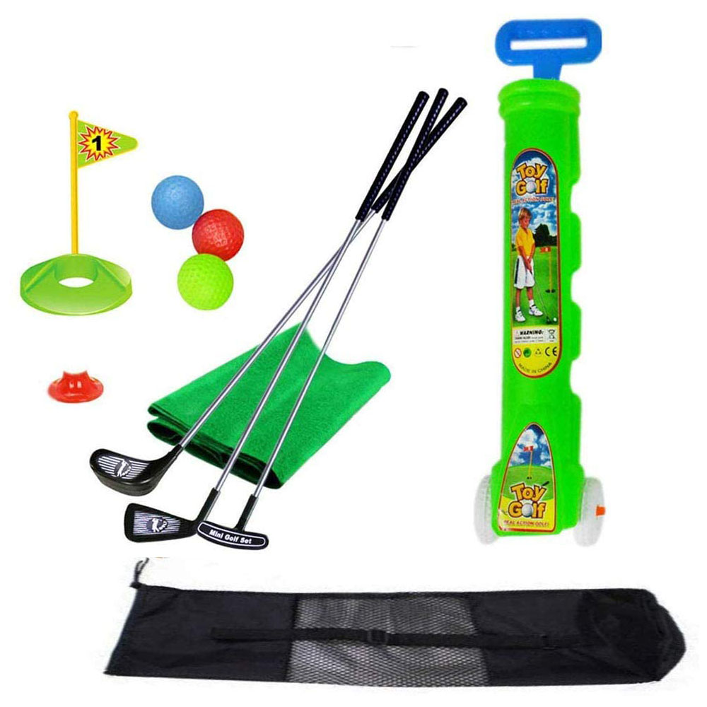 [해외] 휴대용 수납 가방을 갖춘 키즈 골프 장난감 세트 밀짚 매트 장착 카트 퍼팅 매트